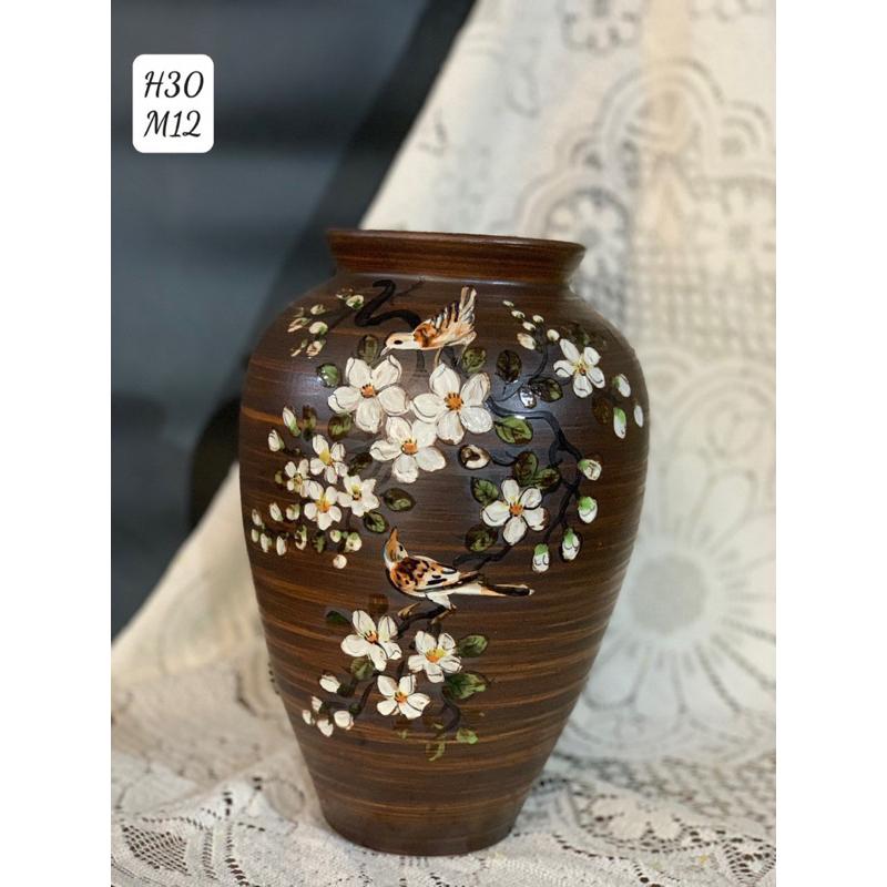 Bình cắm hoa dáng chum, men mộc, họa tiết vẽ thủ công. Gốm sứ Bát Tràng.