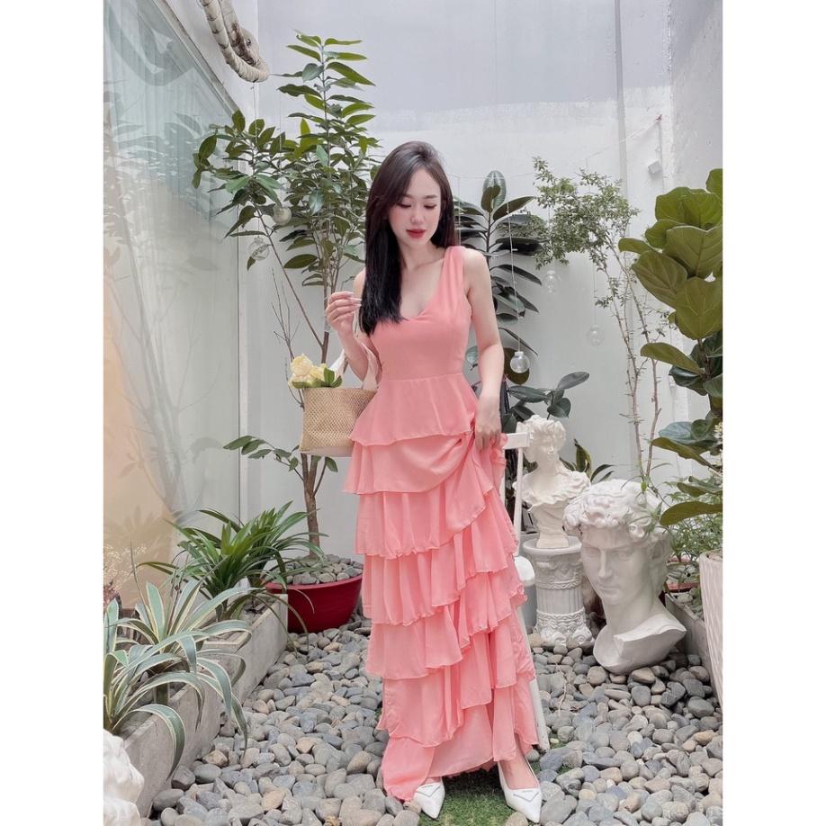 Đầm váy maxi voan tầng trắng nude kem hồng cổ V Ivy.fashion đi biển dự tiệc dạo phố bigsize gợi cảm sexy