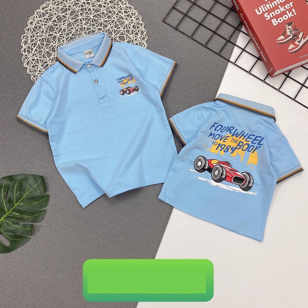 Áo thun cotton cổ bẻ in xe hơi cho bé trai diện tết