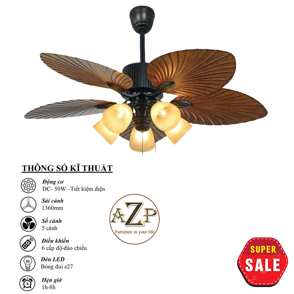 Siêu Sales QUẠT TRẦN AZP- 5 CÁNH NHỰA, CÔNG XUẤT 50W, CÓ REMOTE- Hàng Nhập Khẩu