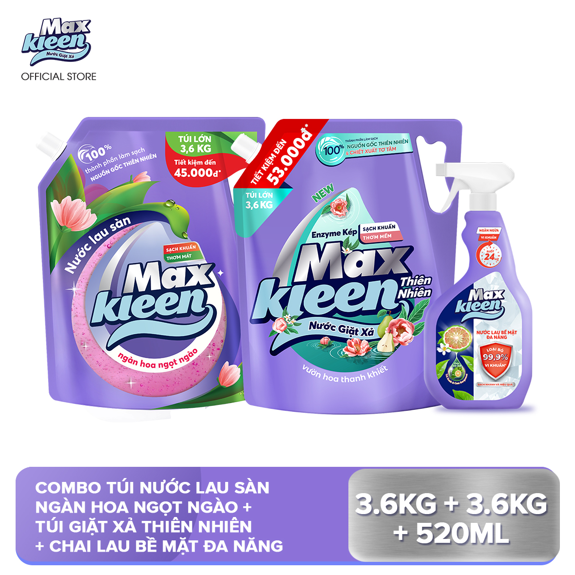 Combo Túi Nước Lau Sàn 3.6kg Ngàn Hoa Ngọt Ngào + Túi Nước Giặt Xả MaxKleen Thiên Nhiên 3.6kg + Chai nước lau bề mặt đa năng