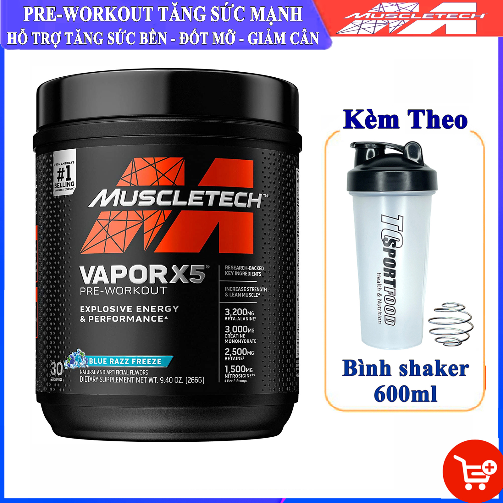 Combo Pre-Workout Vapor X5 của MuscleTech hỗ trợ Tăng Sức Bền, Sức Mạnh đốt mỡ giảm cân & bình lắc 600 ml (Mẫu Ngẫu Nhiên)