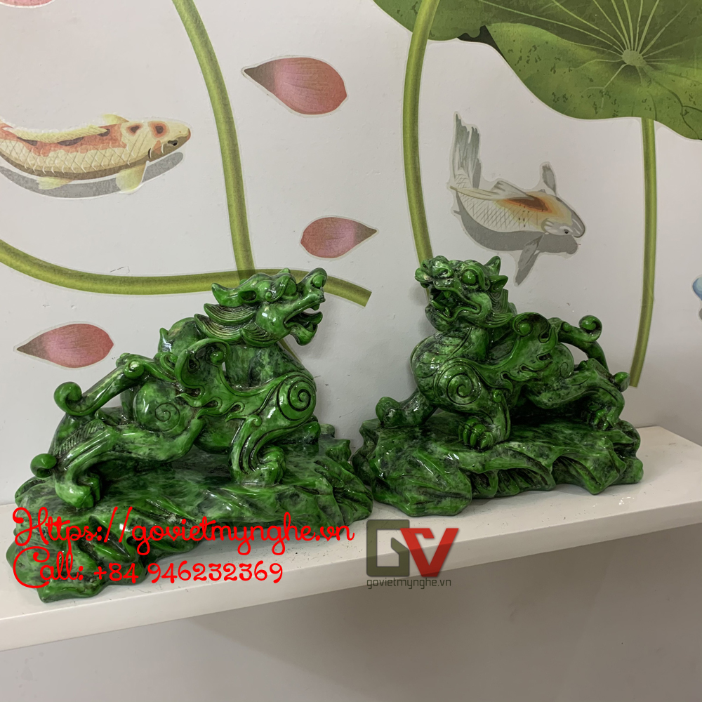 Cặp 2 Tượng Đá Trang Trí Tỳ Hưu Phong Thủy - Dài 20cm x Cao 15cm - Màu Xanh Lục Bích