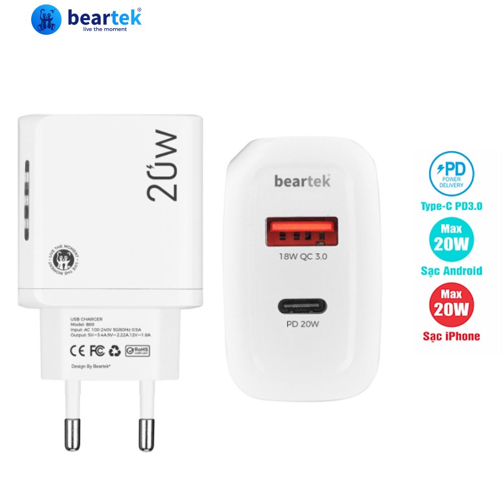 Bộ Củ Sạc Và Dây Sạc Điện Thoại Beartek Micro USB Dùng Cho Điên Thoại - Hàng chính hãng