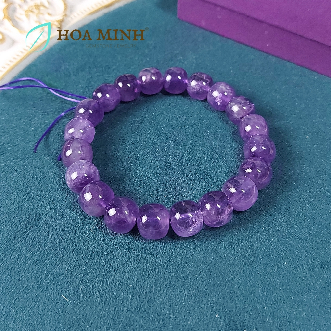 Vòng tay đá Thạch Anh Tím Amethyst tự nhiên hạt vuông bo tròn size 11 li phong cách cổ điển, hoàng gia