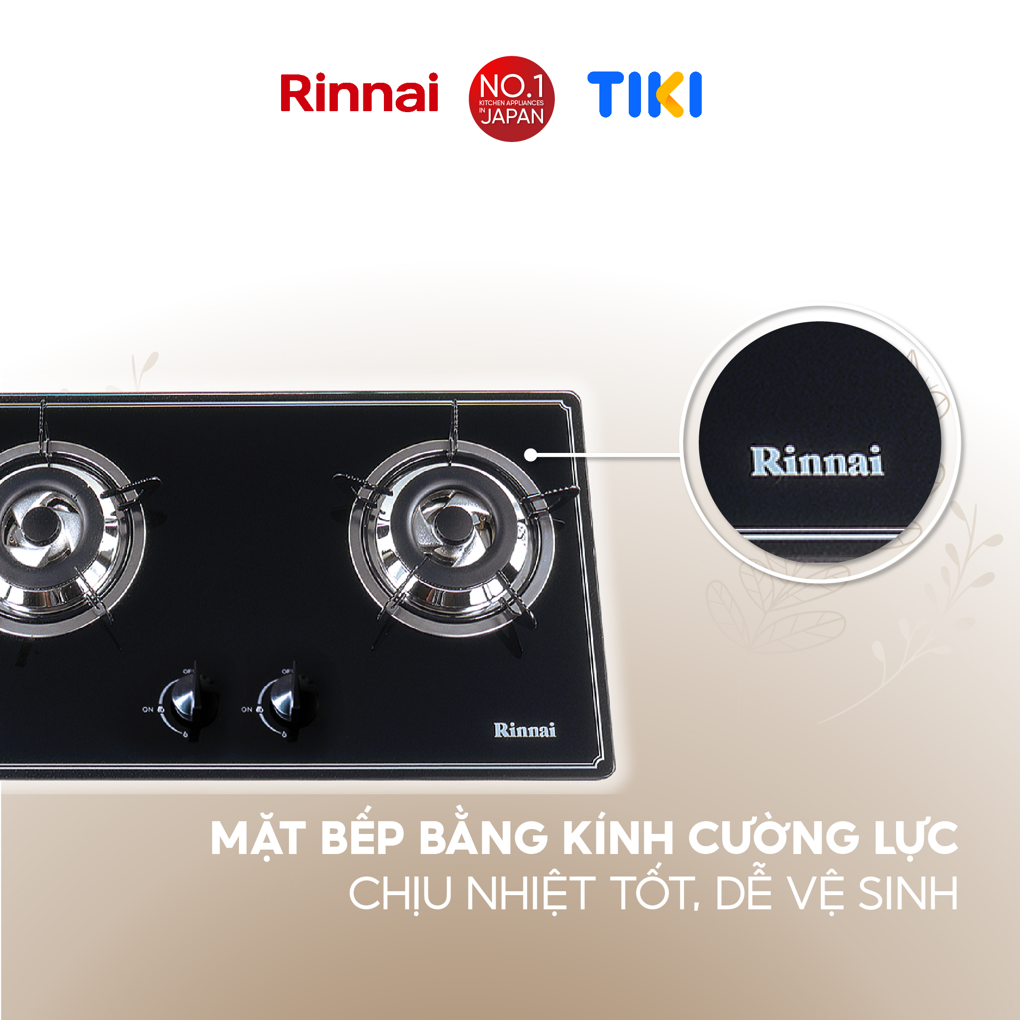 Bếp gas âm Rinnai RVB-2BG(B)N mặt bếp kính và kiềng bếp gang - Hàng chính hãng.