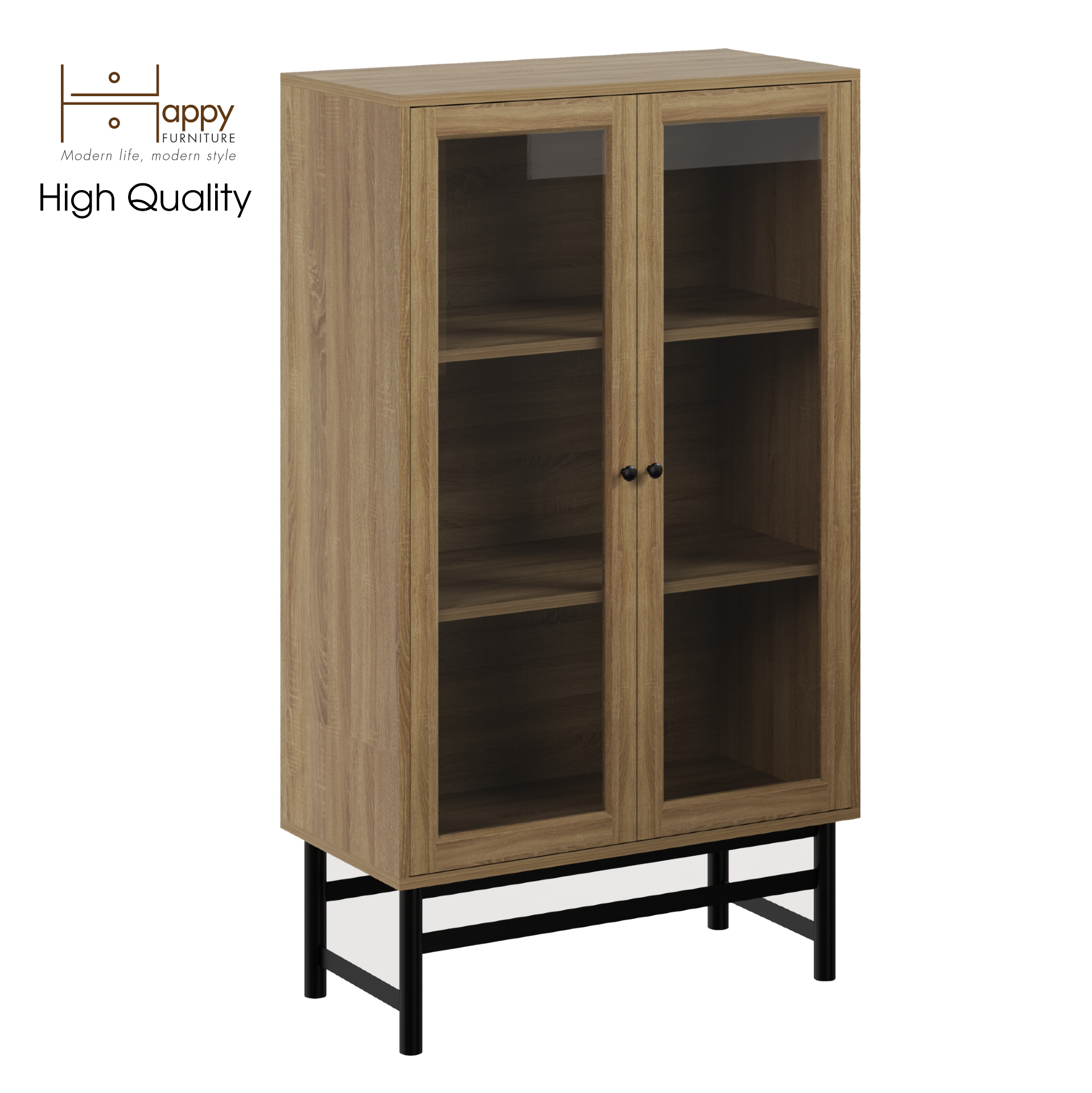 [Happy Home Furniture] CATY , Kệ sách 3 tầng cửa kính - chân sắt ,  80cm x 39cm x 140cm (DxRxC), KSA_023