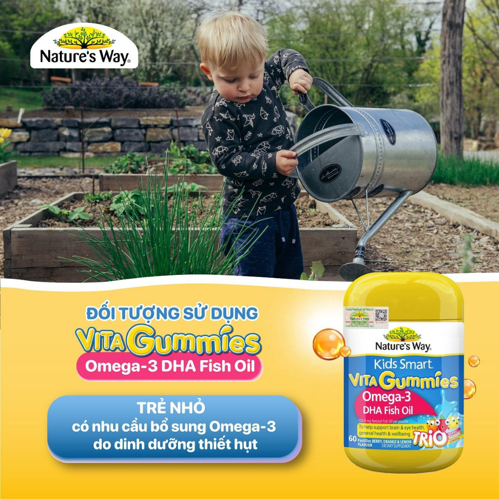 Kẹo Dẻo Omega 3 Nature's Way Kids Smart Vita Gummies Omega-3 DHA Fish Oil (Chai 60 Viên)