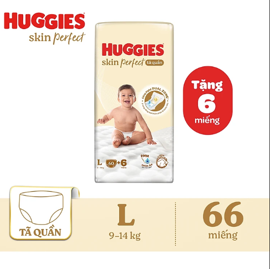 [Gift] Tã quần Huggies Skin Perfect L Super Jumbo 60+6 miếng với 2 vùng thấm giảm kích ứng da