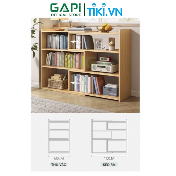 Kệ sách rút gọn thông minh GAPI, giá sách linh hoạt đa năng nhiều ngăn, kệ gỗ trang trí phòng khách GP209