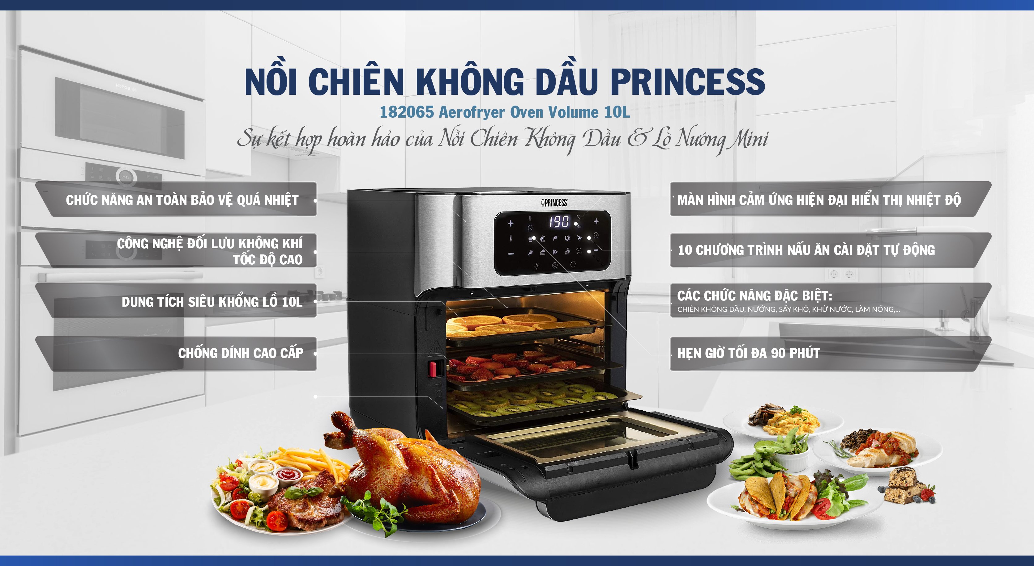 Lò Chiên Không dầu Princess 182065 Aerofryer Oven Volume – 10L- Hàng Chính Hãng