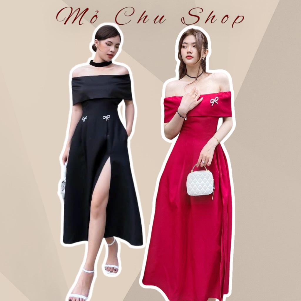 Đầm midi trễ vai xẻ tà đính tag nơ