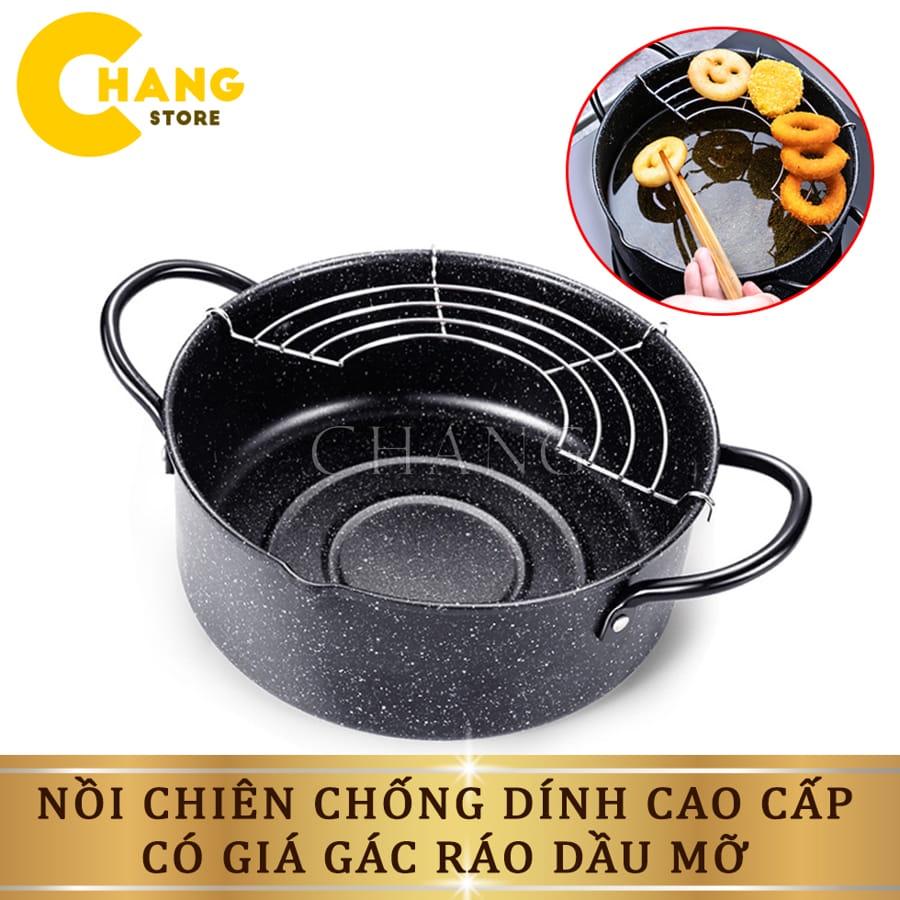 Nồi Chiên Vân Đá Chống Dính Nhật Bản Size 20cm Có Khay Lọc Dầu Chống Gỉ Siêu Bền