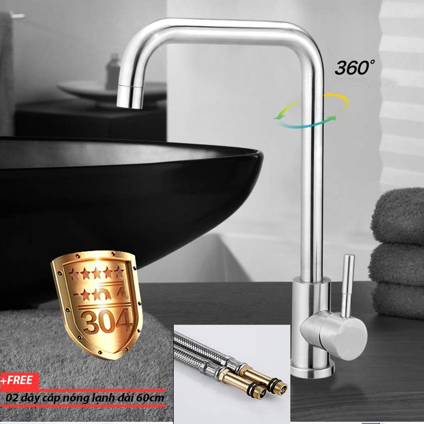 Vòi rửa chén bát nóng lạnh cắm chậu OS602 Inox 304 nguyên khối- tặng 2 dây cấp nóng lạnh inox dài 60cm