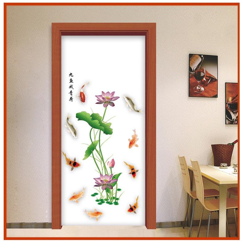 Decal trang trí dán tường - SEN HỒNG CHỮ HOA CÙNG ĐÀN CÁ PHÚ QUÝ