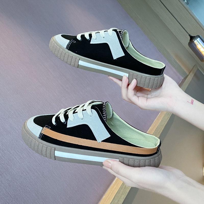 Backless canvas shoes children's summer 2021 new flat bottomed semi drag lazy shoes Korean versatile casual shoes