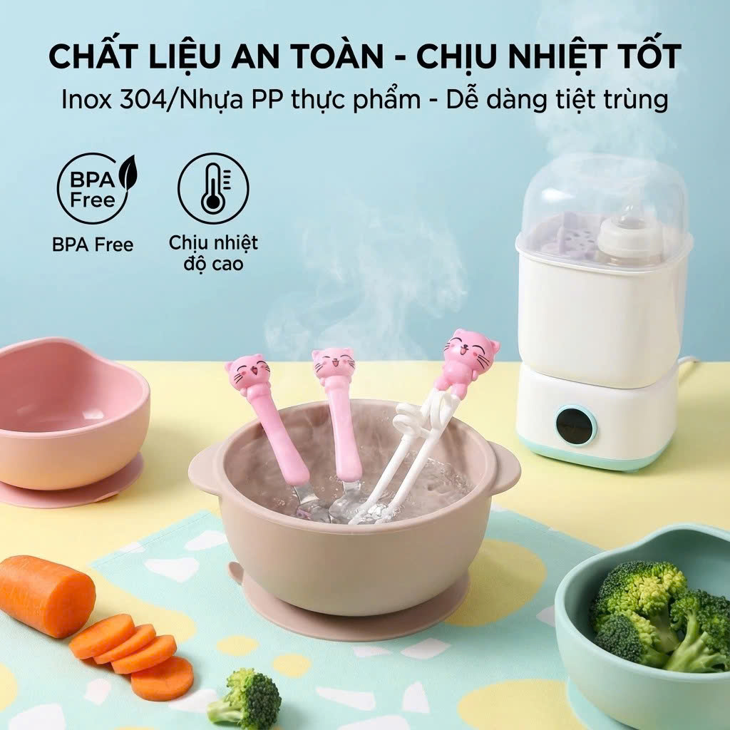 Bộ Ăn Dặm Cho Bé 3 Món, Đũa Xỏ Ngón + Thìa + Dĩa, Dễ Cầm Chống Rơi, An Toàn, Màu Xanh/Hồng - HÀNG CHÍNH HÃNG MINIIN
