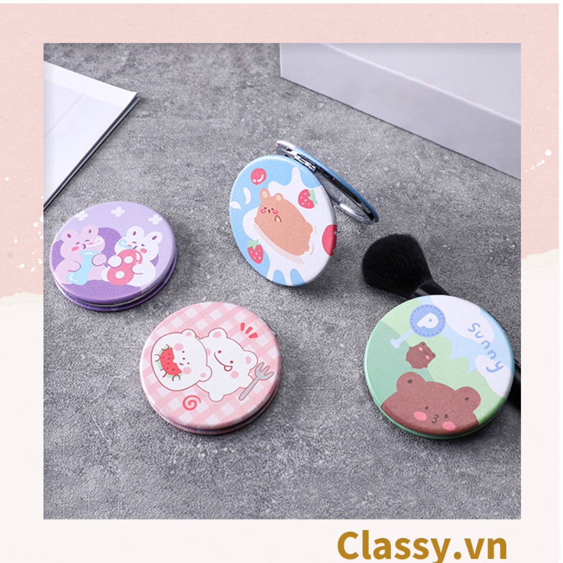 Gương trang điểm cầm tay mini 2 mặt bỏ túi, Gương cầm tay mini Hàn Quốc siêu cute, Gương hoạt hình PK570