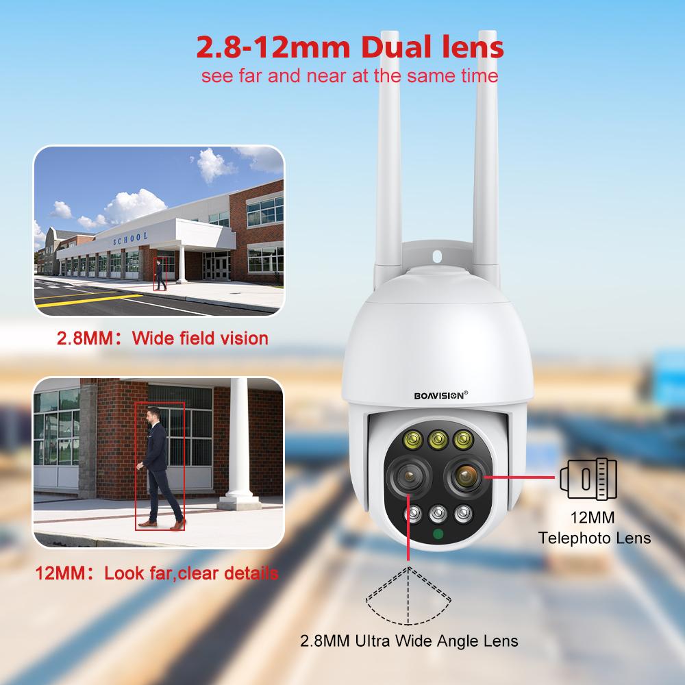 Boavision HD 8MP WiFi Camera PTZ ống kính kép 8x Digital Zoom ngoài trời 4K AI Humanoid Auto Theo dõi Zoom Audio ICSEE CAMERY