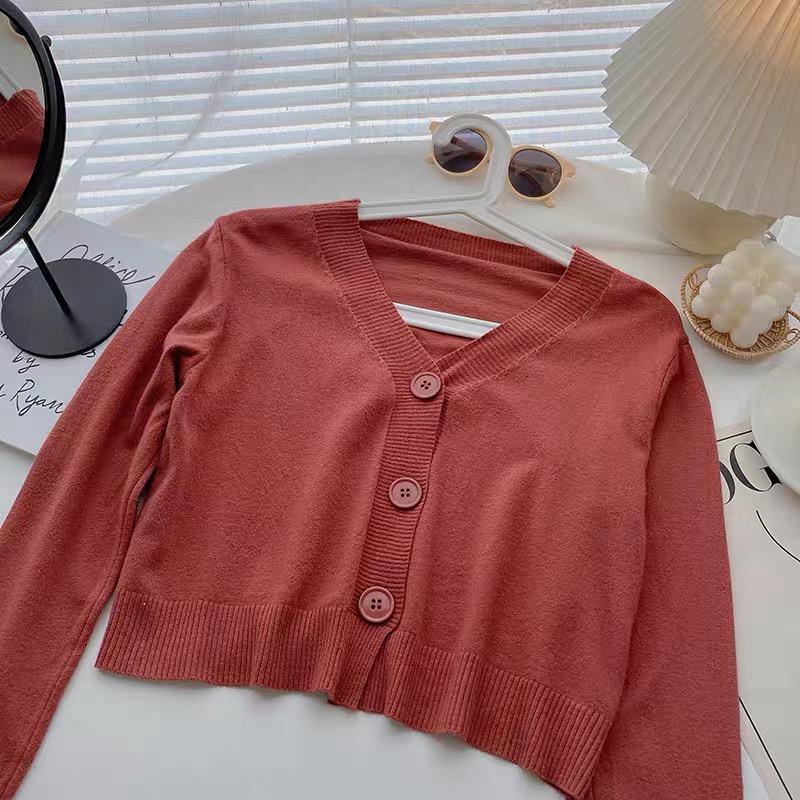 Áo khoác cardigan len mỏng nữ mềm mịn tay dài cổ V dáng ngắn phong cách Hàn Quốc 2021 New Arival