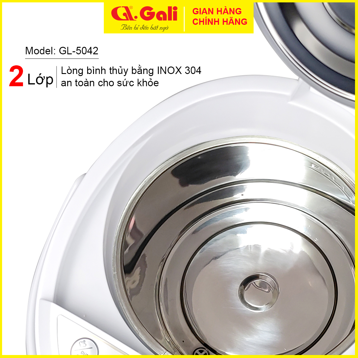 Bình thủy điện Gali GL-5042 dung tích 4.2 lít, phích cấu tạo 2 lớp thân ngoài nhựa, ruột inox 304, hàng chính hãng 100%,  bảo hành 24 tháng Gali