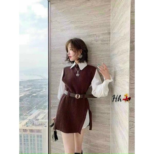 Sét áo len gile + sơ mi + đai . Hàng đẹp