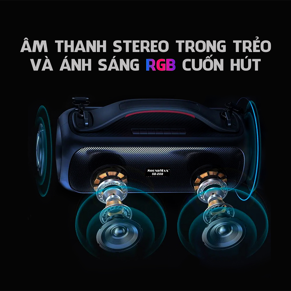 Loa di động bluetooth SoundMax SB-208 | Portable Bluetooth Speaker SoundMax SB208 | LED RGB, Hỗ trợ USB AUX, Thời lượng pin 5 giờ, Công suất 30W - Hàng Chính Hãng