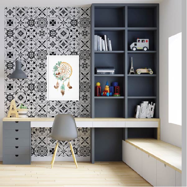 Decal gạch bông in UV Set 4 tờ Vân vũ Trằng đen 40x60cm Dán trang trí bếp