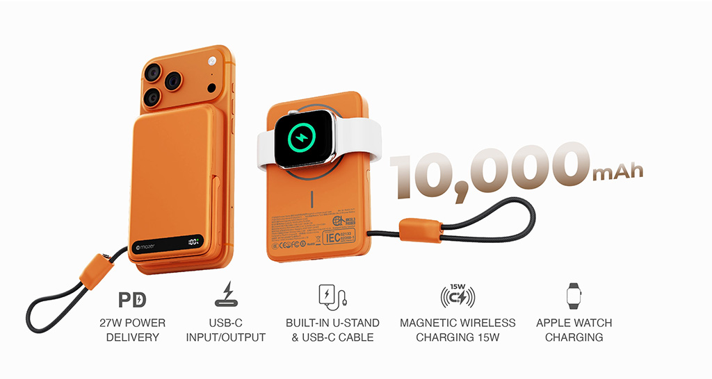 Pin Dự Phòng Không Dây Kèm Cáp MAZER MagLink19 Qi2 15W PD27W 10.000 mAh Chứng Nhận 3C Sạc Được Apple Watch Kèm Chân Đế Hàng Chính Hãng