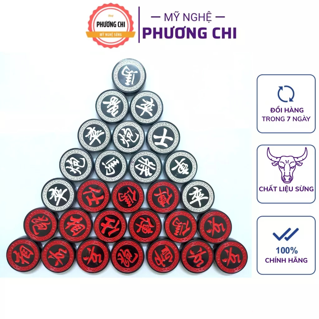 Bộ quân cờ tướng sừng trâu đen, gồm 32 quân cờ kích thước 3,5cm x 1,2cm | Mỹ Nghệ Phương Chi