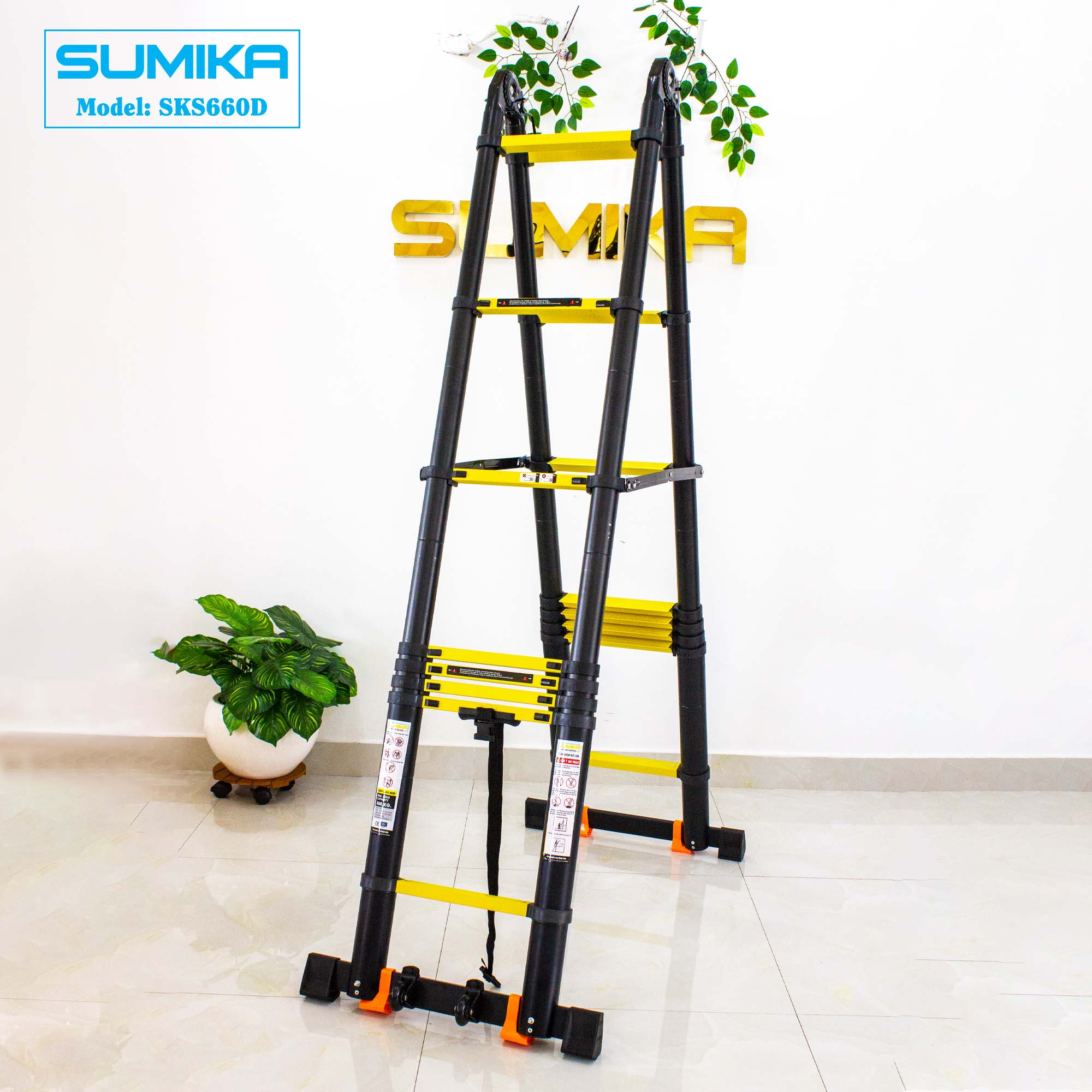 Thang nhôm rút đôi SUMIKA SKS660D (3.3M+3.3M) - Sơn tĩnh điện, rút chữ I cao 6.6m, rút chữ A cao 3.2m, tải trọng 300kg