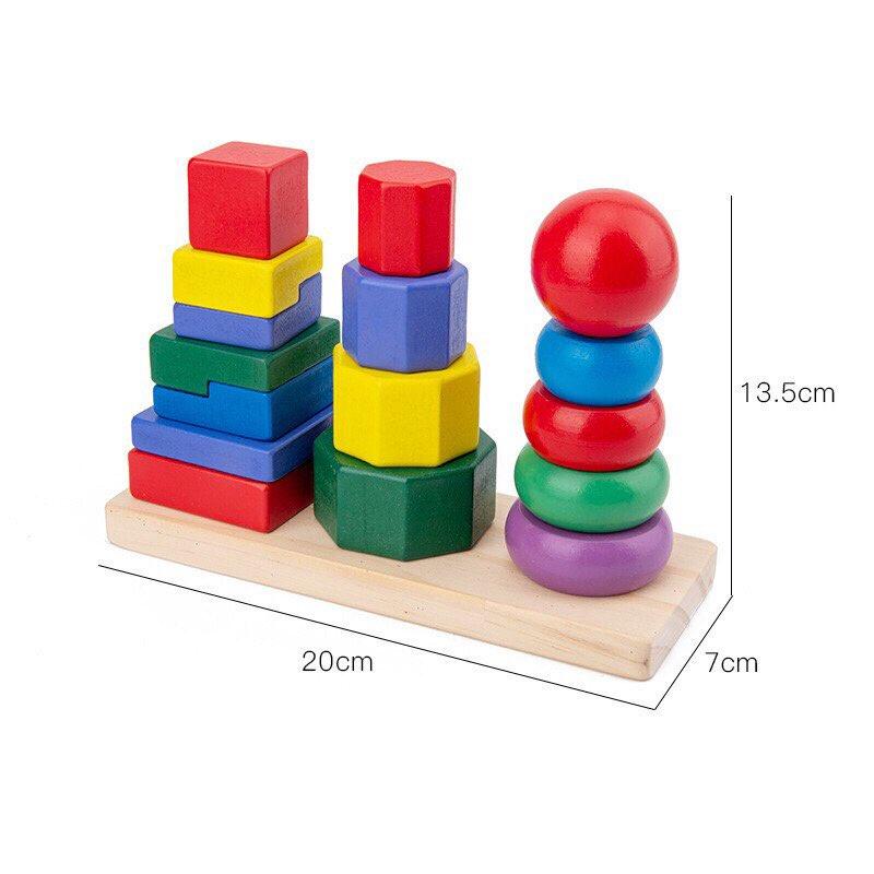 Tháp thả hình khối 3 cọc bằng gỗ montessori đồ chơi thông minh cho bé rèn luyện tư duy trí tuệ