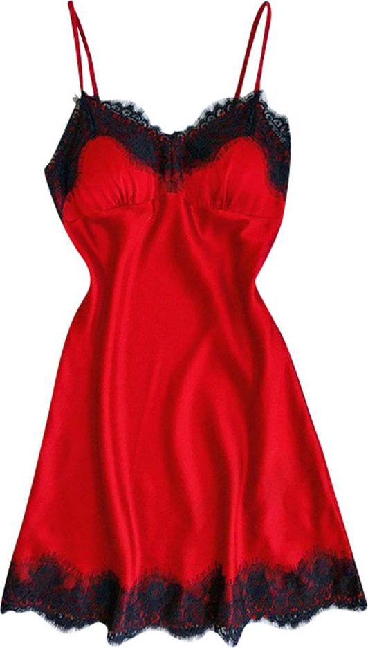 Sexy Women Lace Trim Satin Nightdress Lingerie Sleepwear Red Nightgown Set
