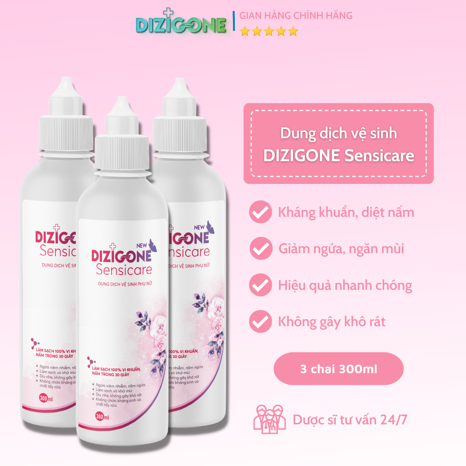 COMBO 3 Dung dịch vệ sinh phụ nữ DIZIGONE Sensicare 300ml: Hết ngứa, giảm khí hư, khử mùi hôi