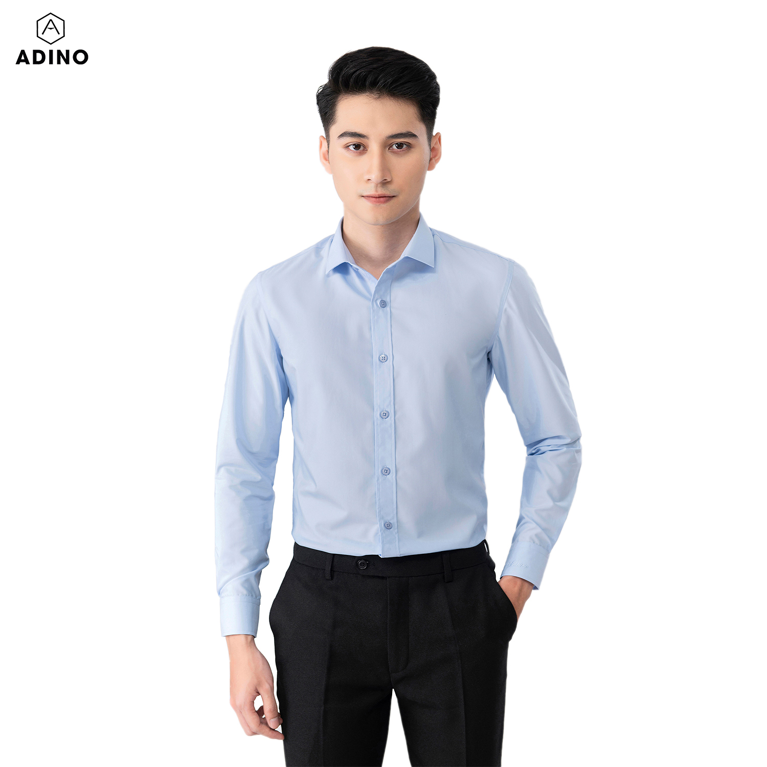 Áo sơ mi nam tay dài ADINO màu xanh nhạt dáng slimfit vải modal trẻ trung S304