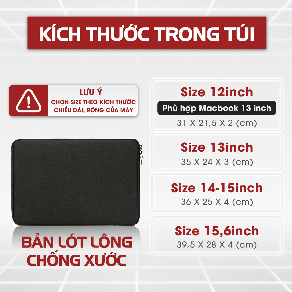 Túi chống sốc laptop lót lông mềm mại, chống xước laptop phù hợp size 13 inch, 14 inch, 15.6 inch