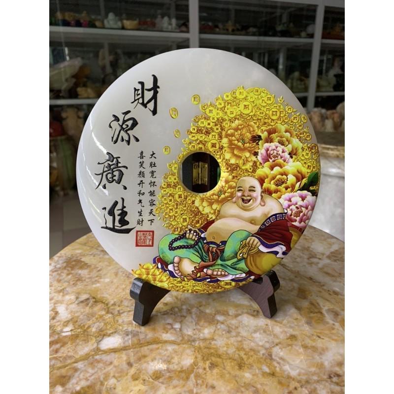 Đồng Tiền Vẽ Cụ Di Lặc Cười Hoan Hỉ Đá Bạch Ngọc - đường kính 18cm