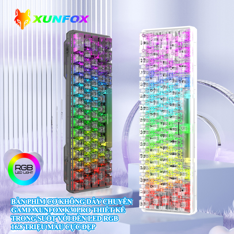 Bàn phím cơ XF K30PRO KHÔNG DÂY trong suốt gồm 3 chế độ với 20 chế độ đèn led RGB siêu đẹp-HT