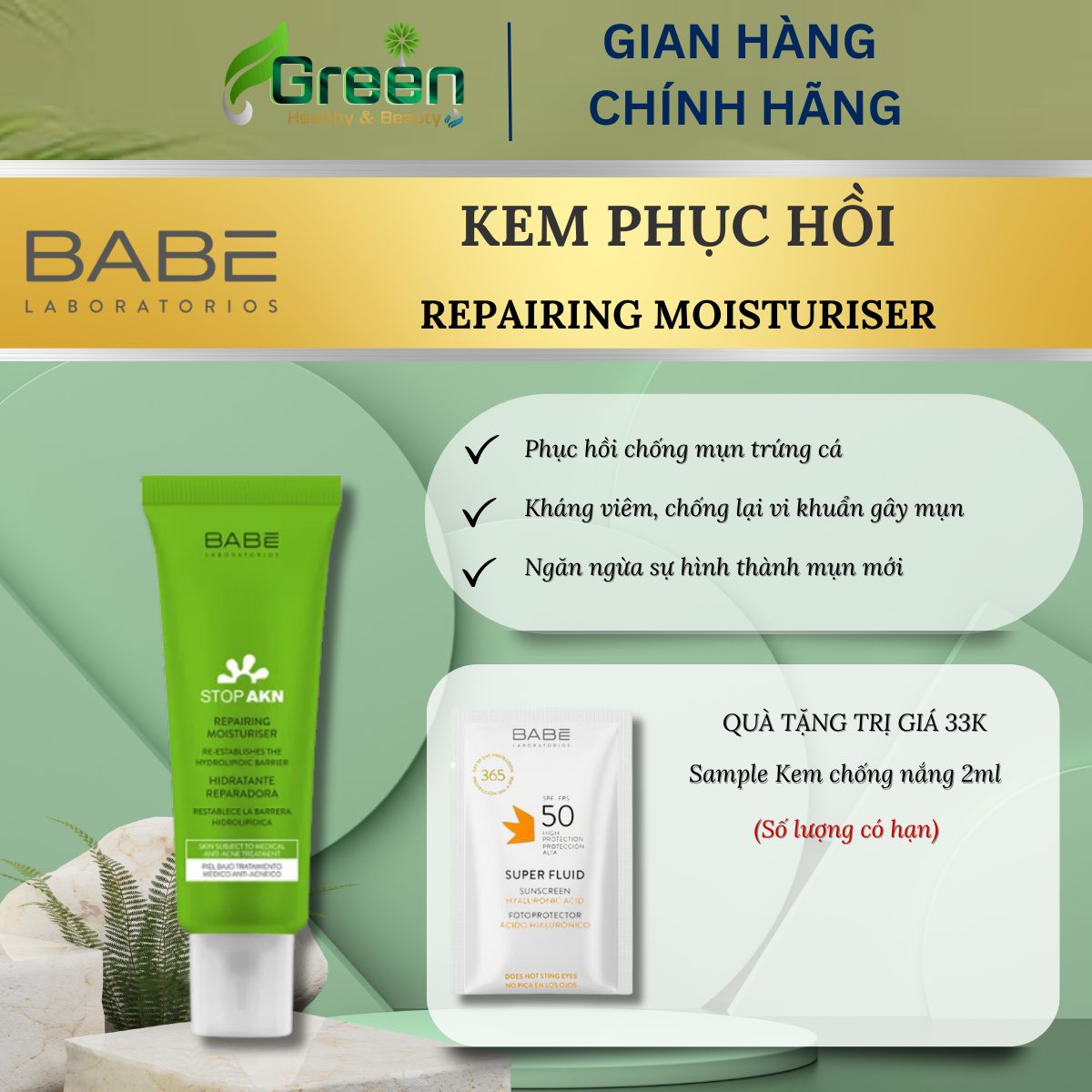 Kem dưỡng phục hồi da BABE Stop AKN Repairing Moisturiser