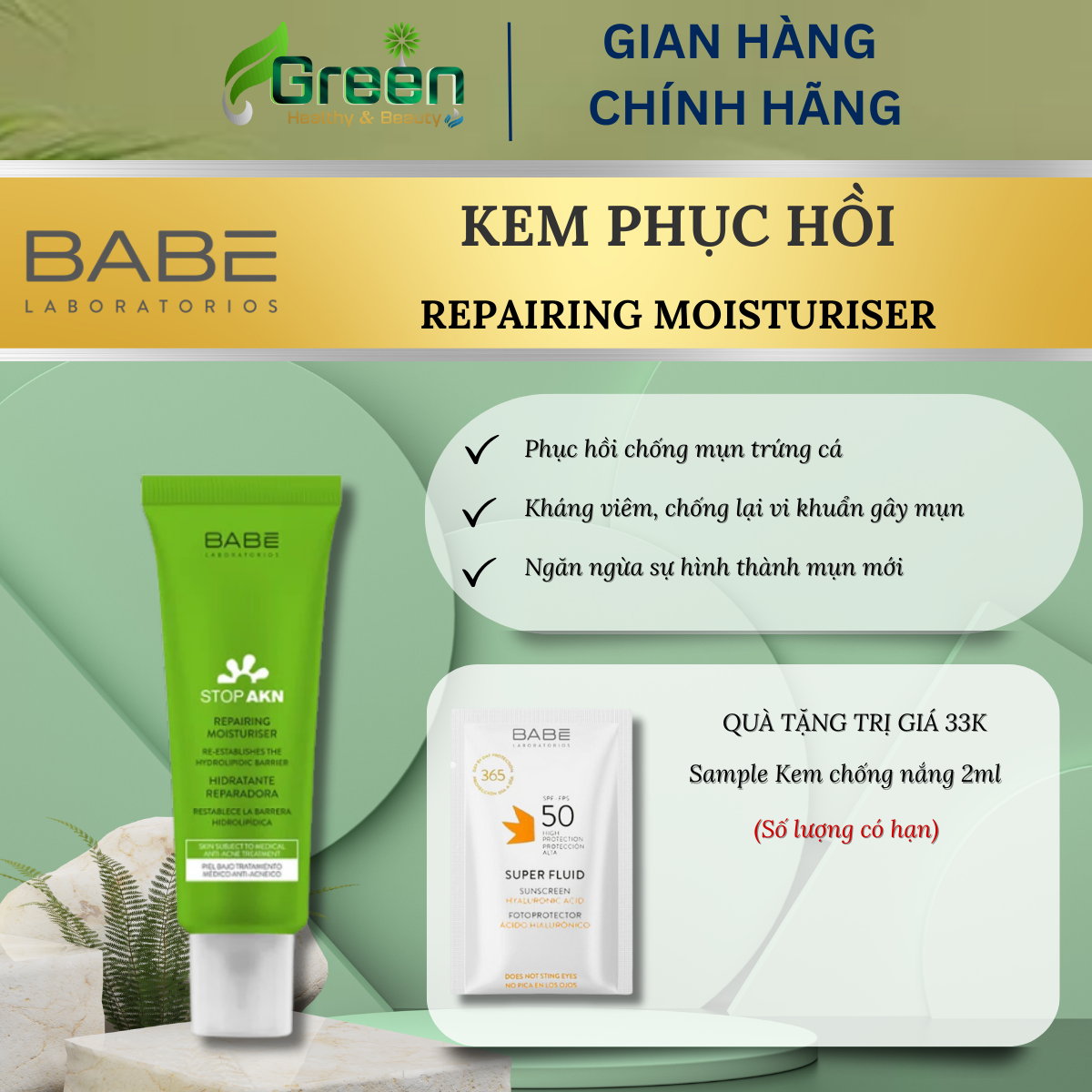 Kem dưỡng phục hồi da BABE Stop AKN Repairing Moisturiser (50ml)