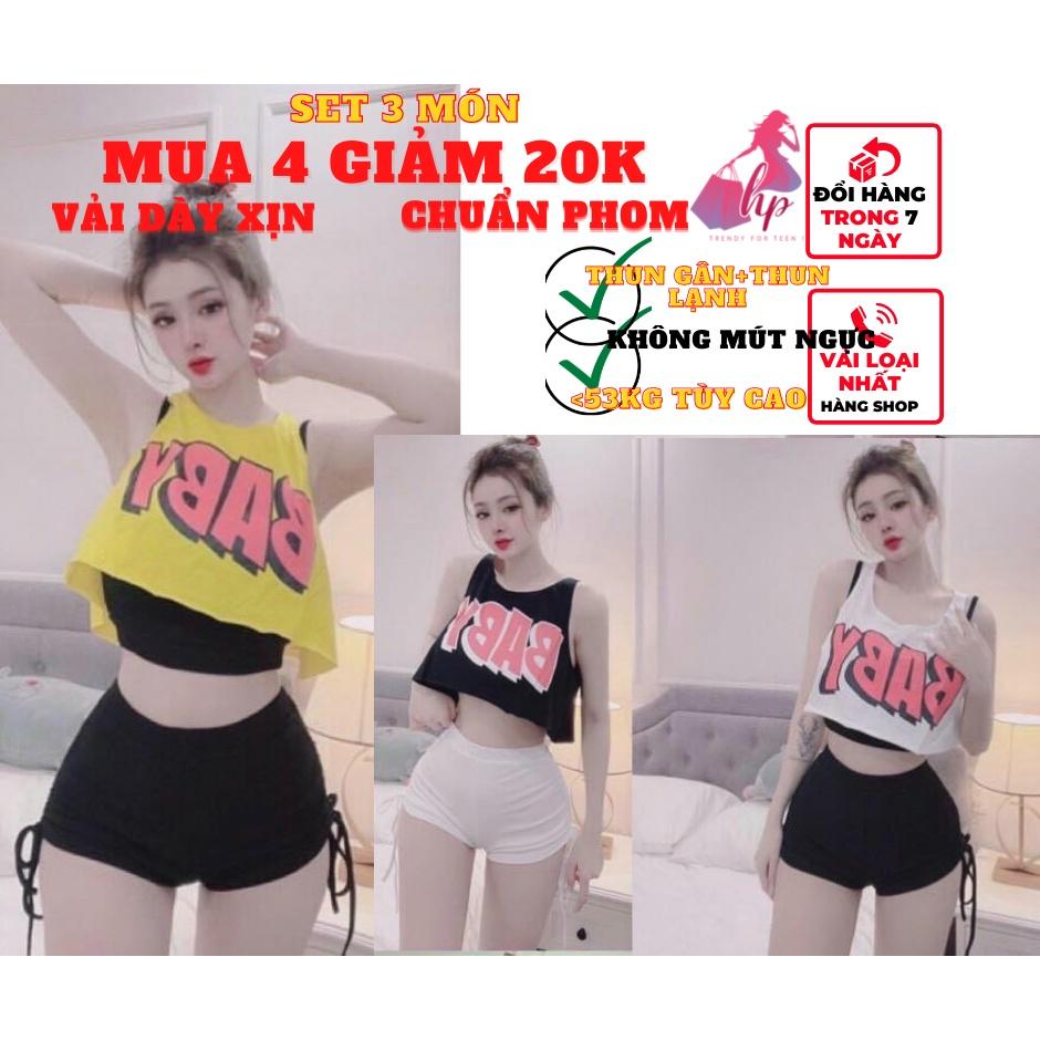 Set đồ nữ 3 món thể thao áo croptop ba lỗ sát nách kèm áo 2 dây ôm body + quần cộc rút eo 2 bên VD124