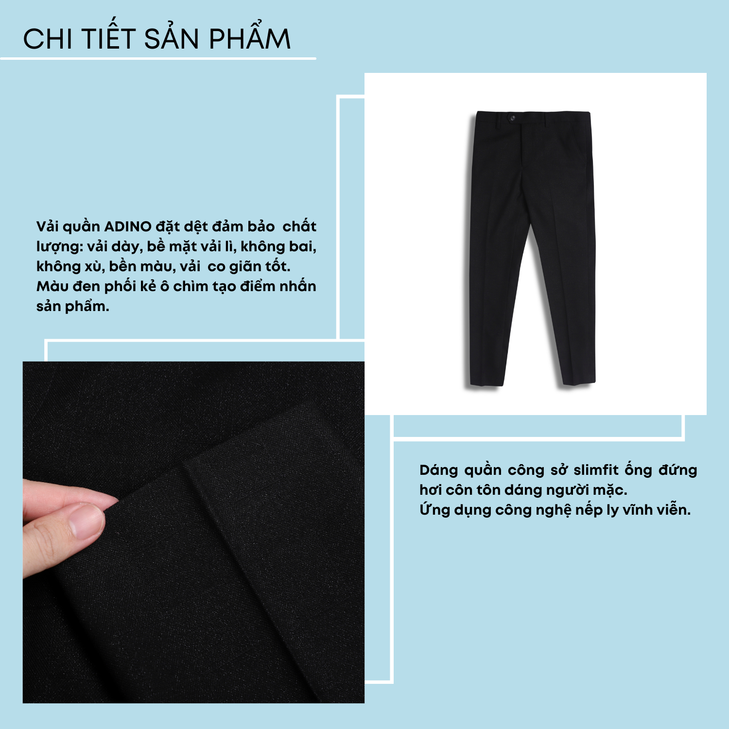 Quần âu nam công sở màu đen kẻ ô ADINO vải cotton dày không bai không xù dáng slimfit ống đứng hơi côn QA98