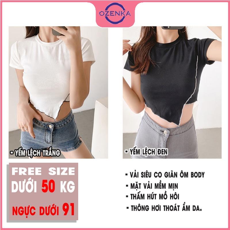 Áo croptop ngắn tay cổ tròn ôm body nữ, áo crt vạt lệch cải viền đẹp màu đen trắng dưới 50 cân