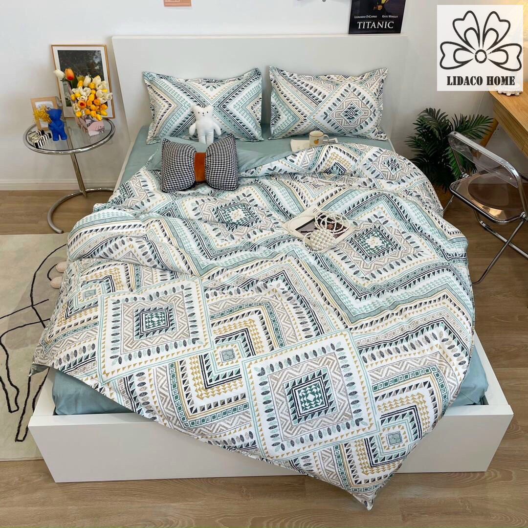 Bộ chăn chần ga gối cotton LIDACO SP001461 - Thổ cẩm xanh