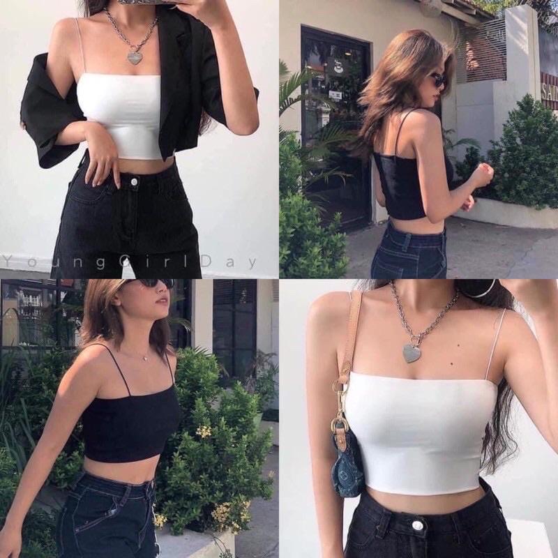 Áo 2 Dây Nữ Chất Len Tăm Sợi Bún Bản Nhỏ Croptop Màu Trắng Đen Mặc Hai Kiểu Trong Vest Hoặc Trơn Đều Đẹp – HDBR8 – Black