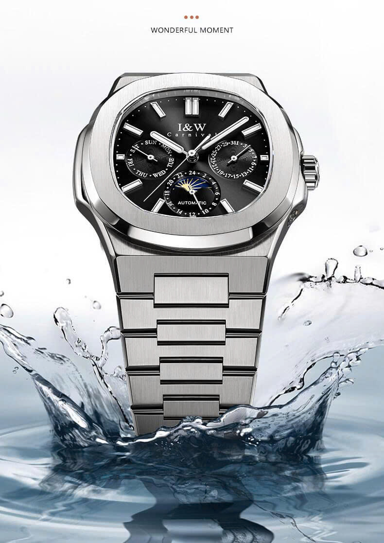 Đồng hồ nam chính hãng I&W CARNIVAL 55886G-2 mặt đen size mặt 42mm,kính sapphire ,chống nước 50m,dây thép không gỉ