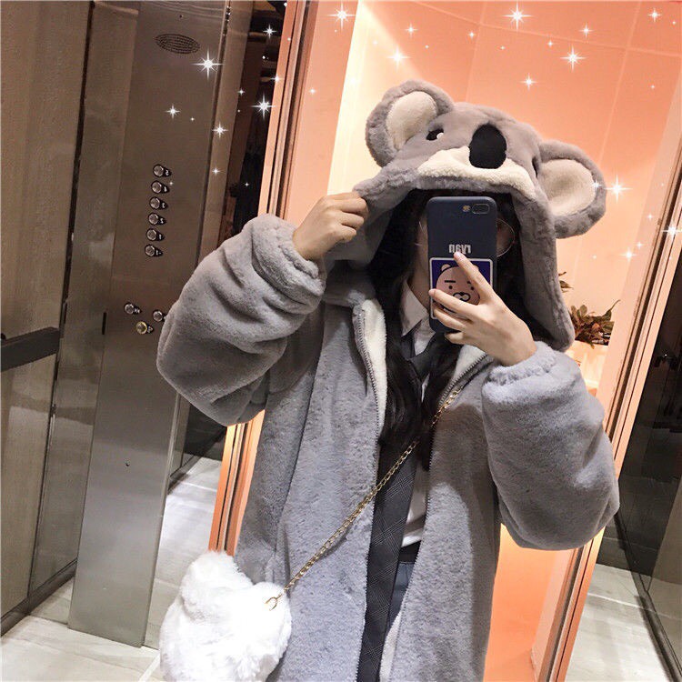 Áo Khoác Lông Cừu Có Mũ Siêu To Tai Gấu Koala Dễ Thương Siêu Ấm Áp
