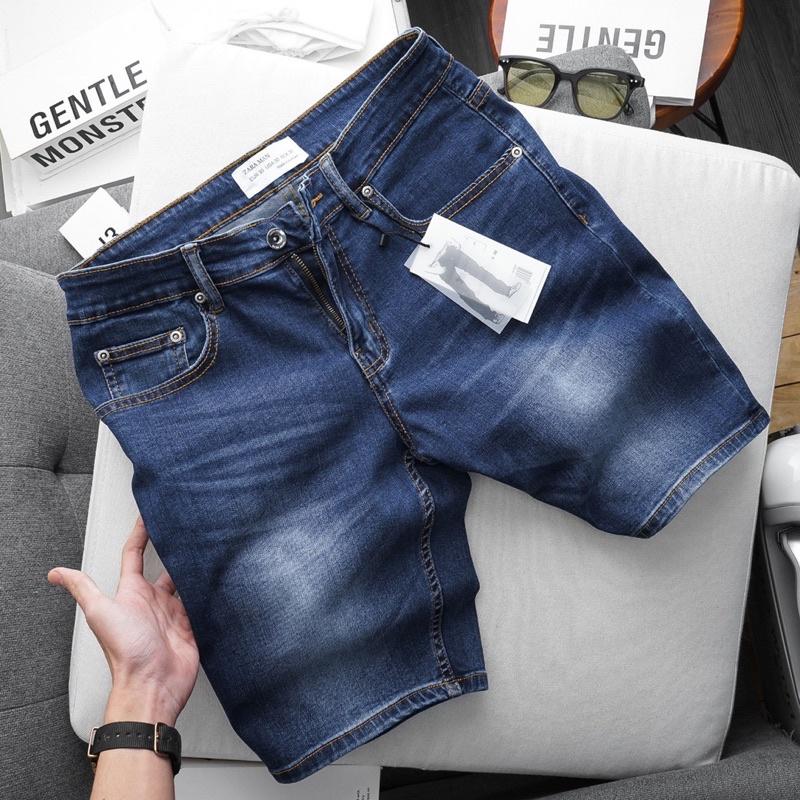 Quần short nam xanh trơn slimfit chất jean co giãn hàng vnxk cao cấp
