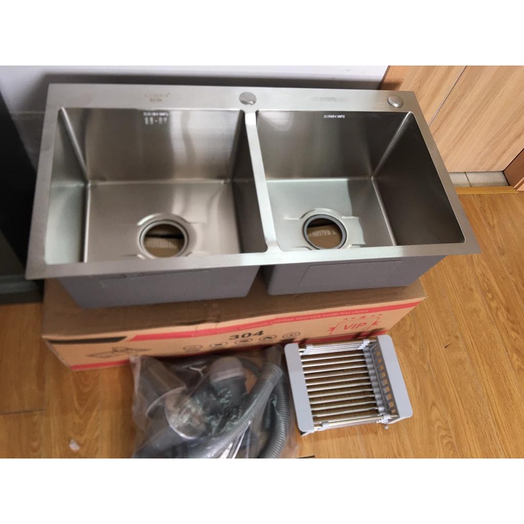 Chậu rửa bát inox đúc 2 hố dày dặn - chậu rửa bát không gỉ Tặng rổ rút đa năng