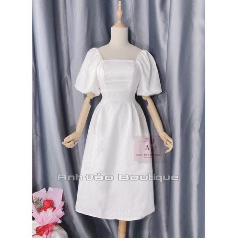Váy đầm trắng Vintage dáng xòe dự tiệc cổ vuông tay bo bồng dài V121 full size AĐ BOUTIQUE